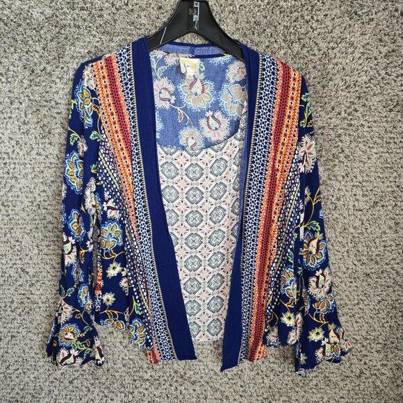 Fig & Flower Top Womens Small Blue Boho Attached Tank Bell Sleeve Floral Casual - Picture 1 of 7